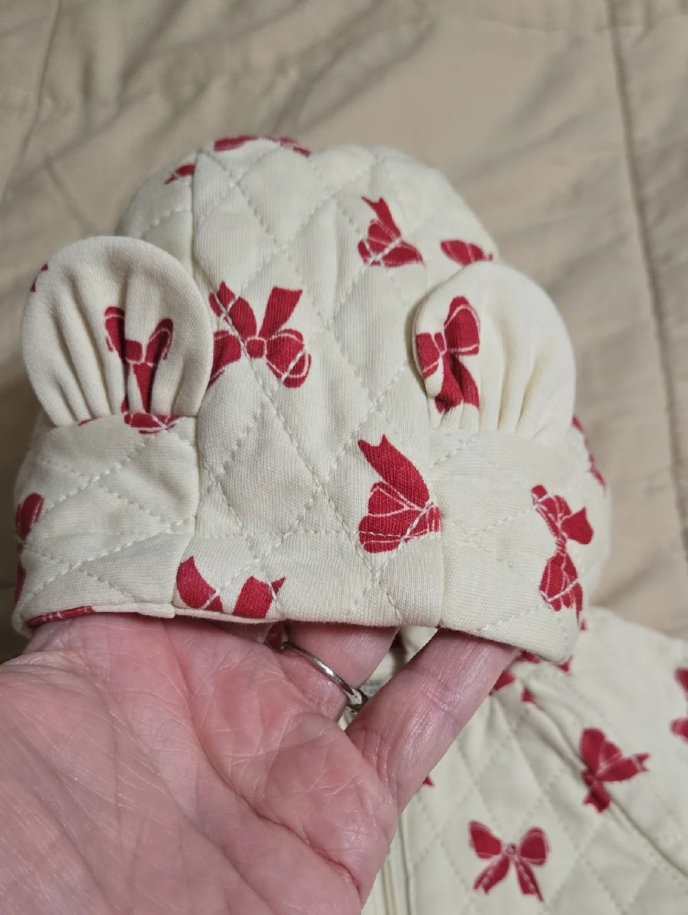 Kate Quinn Cream Quilted Hooded One-Piece with Red Bow Print Size 3-6 Months NWT